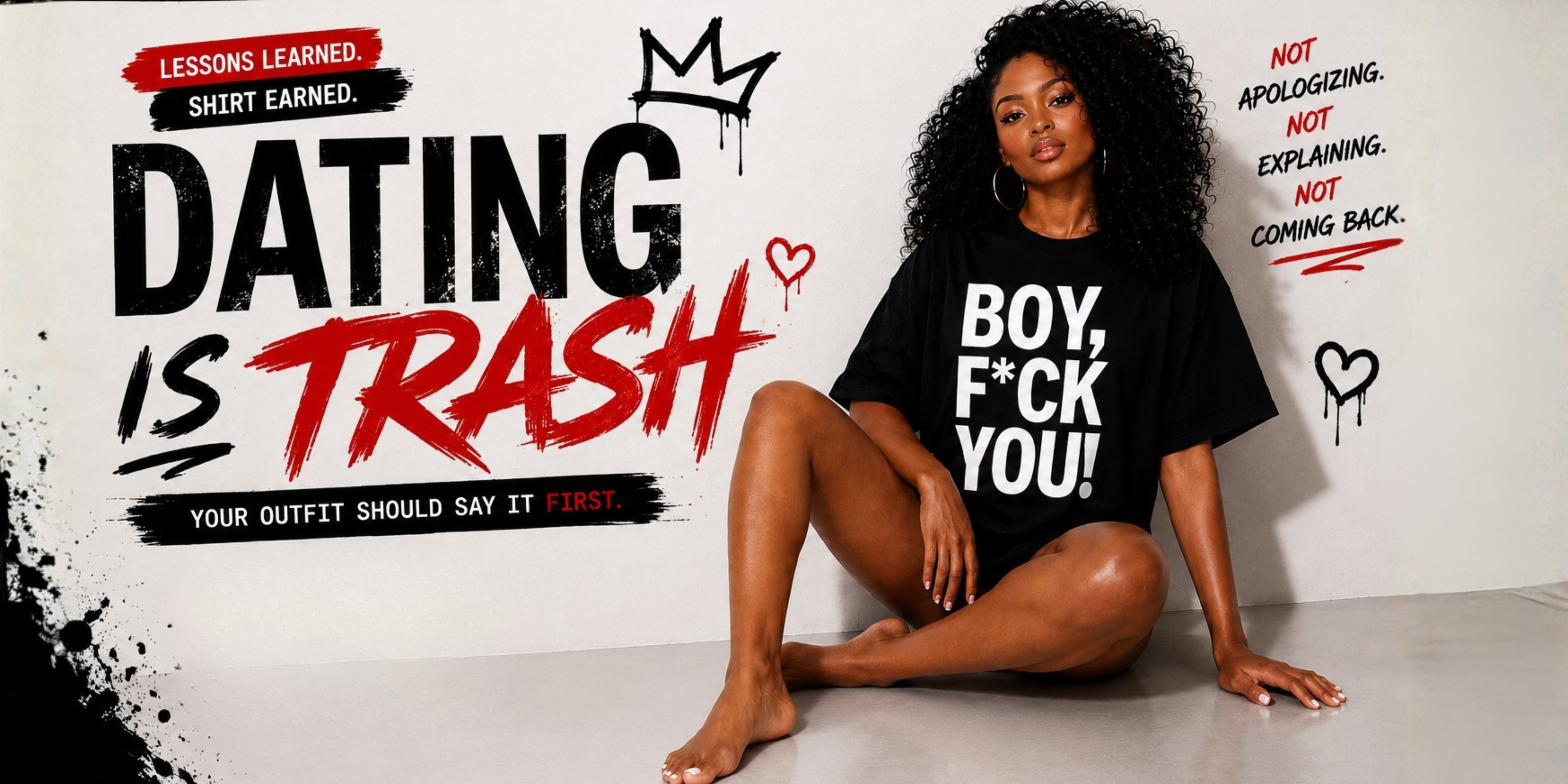 A woman sits on the floor wearing a black graphic t-shirt with the text 'BOY, F*CK YOU!' in white. The background is a white wall with bold text that reads 'DATING IS TRASH' in black and red, along with other text and graphic elements.